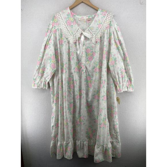 COTILLION Nightgown 2XL Floral Lace Trim Cottagecore Lounge White Pink NEW - Picture 1 of 14